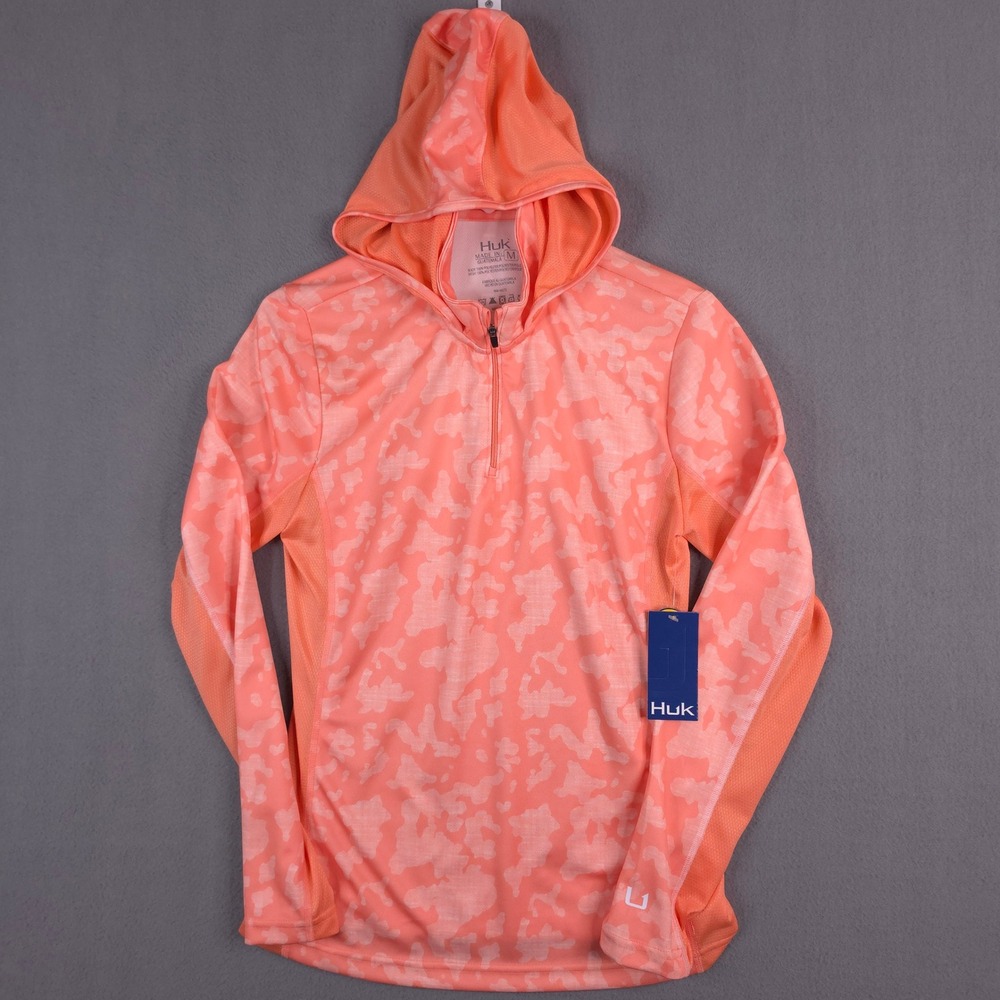 Huk Icon X Running Lakes Hoodie Womens M Peach Camo Quarter Zip Fishing Shirt - Picture 1 of 8